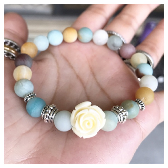 Silverskylight Jewelry Genuine Matte Amazonite Beads White Rose